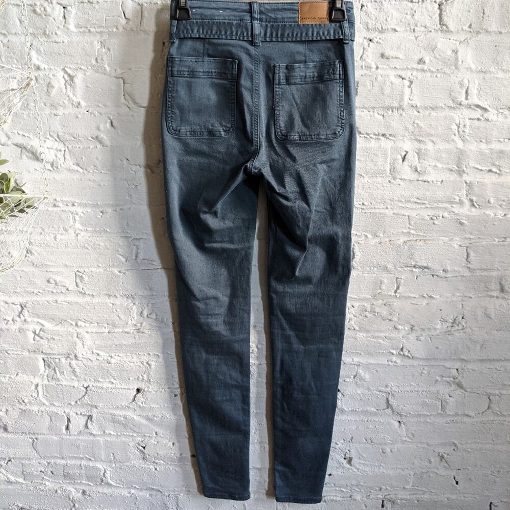 Y2K Minimalist High Waist Denim Dark Academia Super Stretch Belted Button Jeans - Picture 3 of 5